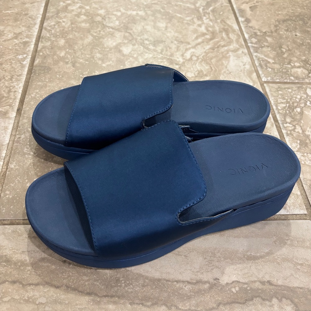 Vionic Monica Navy Blue Platform Slide Sandals Womens 6 Orthotic Comfort